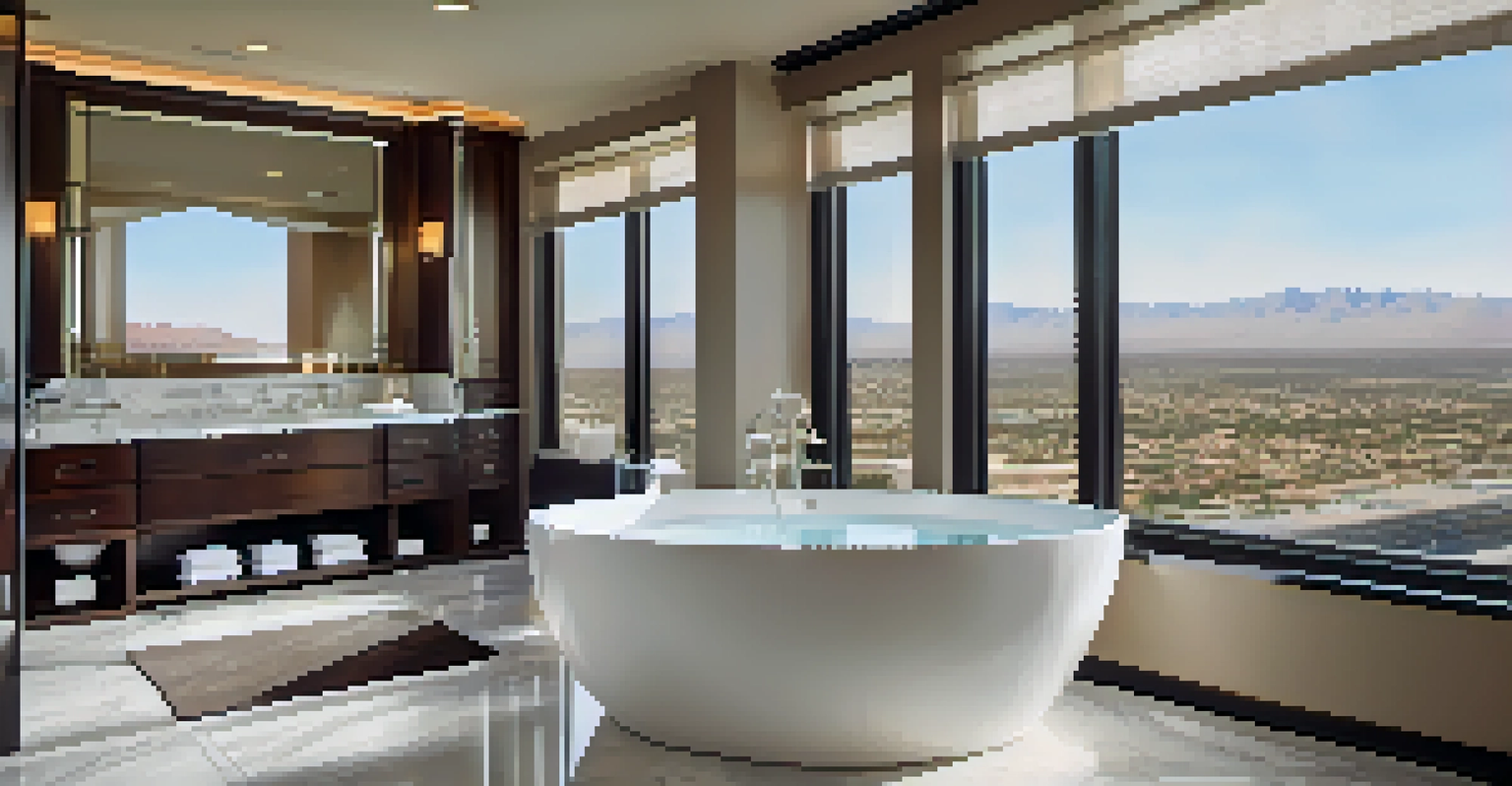 An elegant bathroom featuring a soaking tub, marble countertops, and soft ambient lighting.