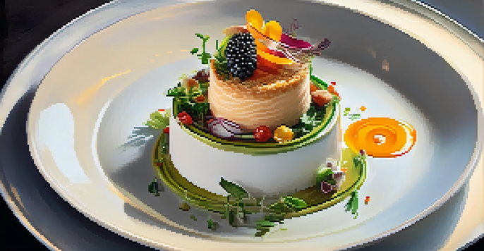 A gourmet dish artfully plated with colorful ingredients, set against the backdrop of a modern restaurant kitchen.
