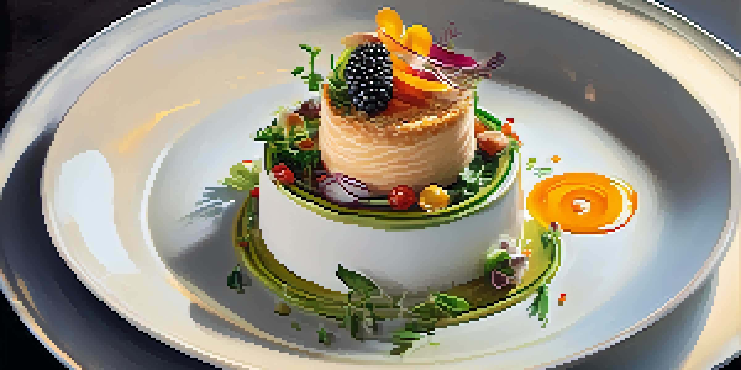 A gourmet dish artfully plated with colorful ingredients, set against the backdrop of a modern restaurant kitchen.