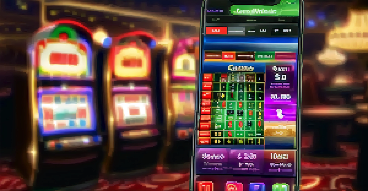 A smartphone with a mobile casino app showing a colorful slot game, set against a blurred luxurious casino background.