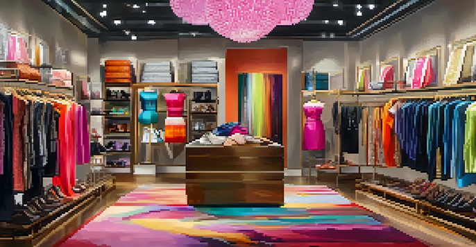 Interior of a colorful boutique in Las Vegas with trendy clothing and accessories displayed.