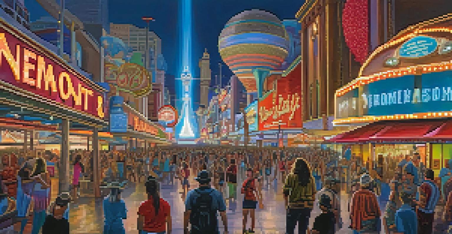 A lively scene at Fremont Street in Las Vegas, filled with performers and colorful LED lights, showcasing the vibrant atmosphere.