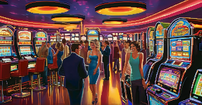 A lively casino floor in Las Vegas with players around modern slot machines, colorful lights, and digital displays.