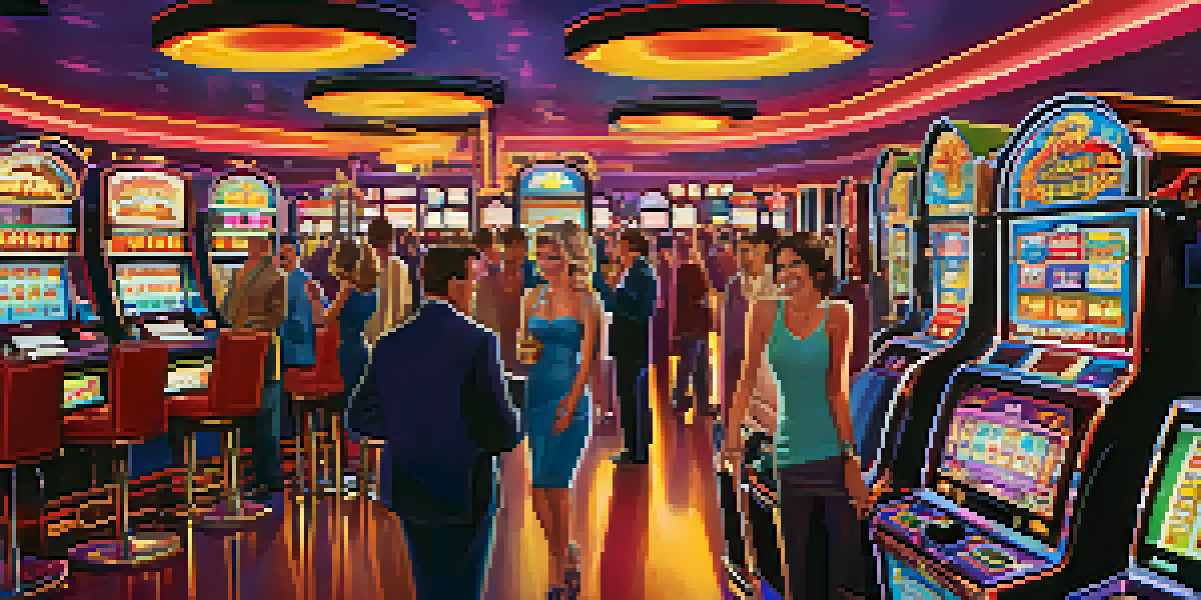 A lively casino floor in Las Vegas with players around modern slot machines, colorful lights, and digital displays.