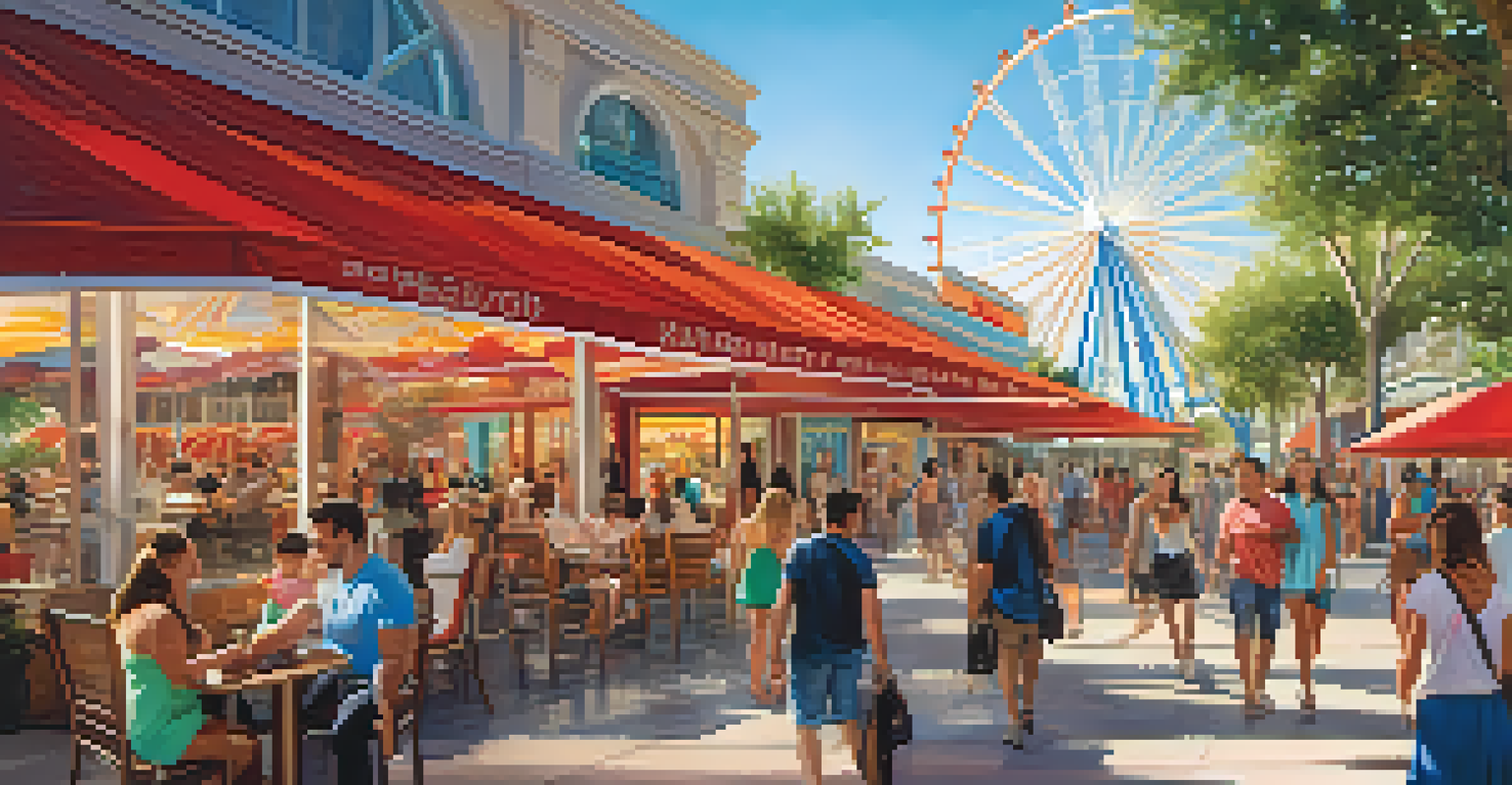 An outdoor shopping promenade with shops, restaurants, and a large observation wheel, filled with people enjoying the lively atmosphere.