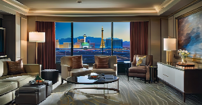 A spacious family suite in a Las Vegas hotel with separate areas for parents and children, showcasing a city view and elegant decor.