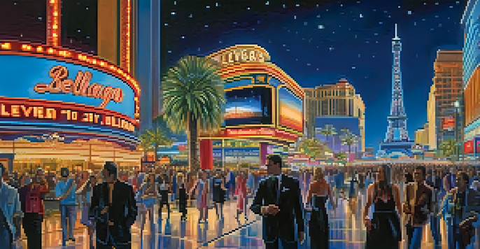 A colorful night view of the Las Vegas Strip, showcasing famous landmarks and a lively crowd.