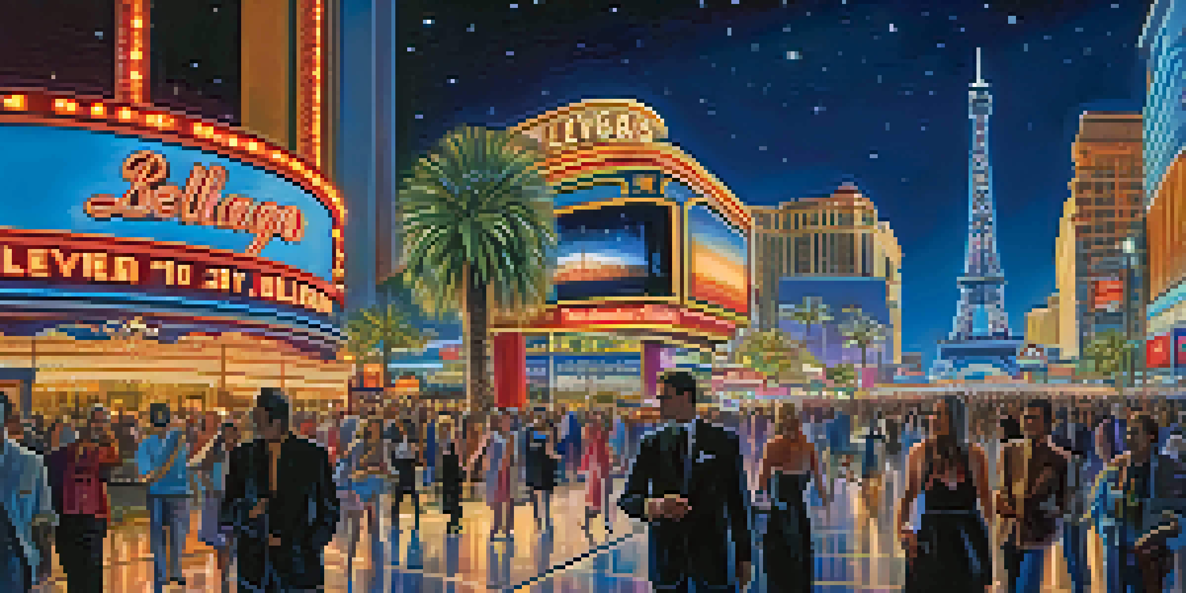 A colorful night view of the Las Vegas Strip, showcasing famous landmarks and a lively crowd.