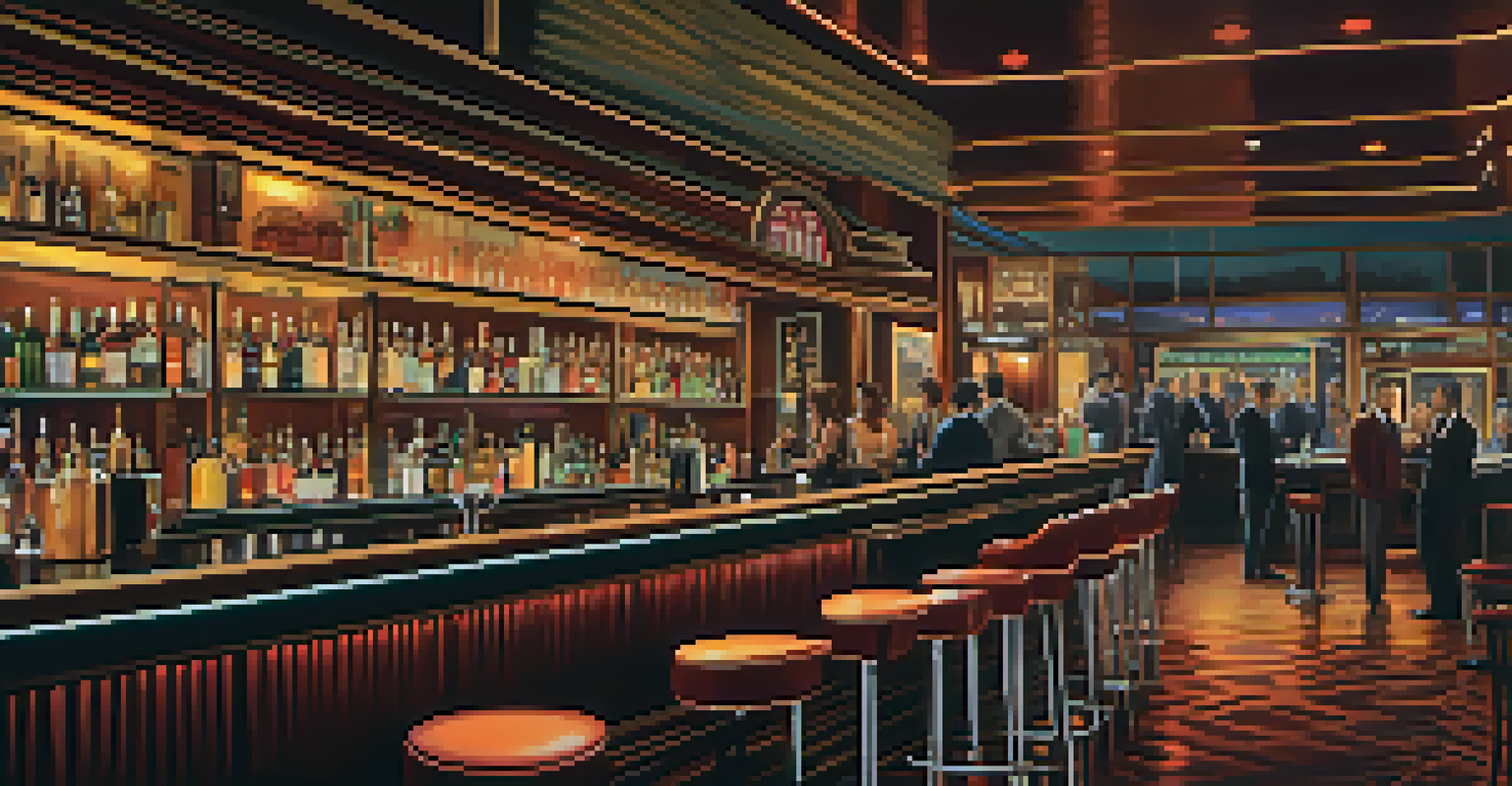 A vintage-themed bar with retro decor, guests enjoying cocktails, and a live band playing in the background.