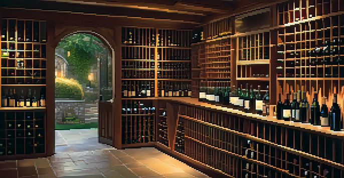 A cozy wine cellar with wooden shelves stocked with fine wine bottles, illuminated by soft lighting.