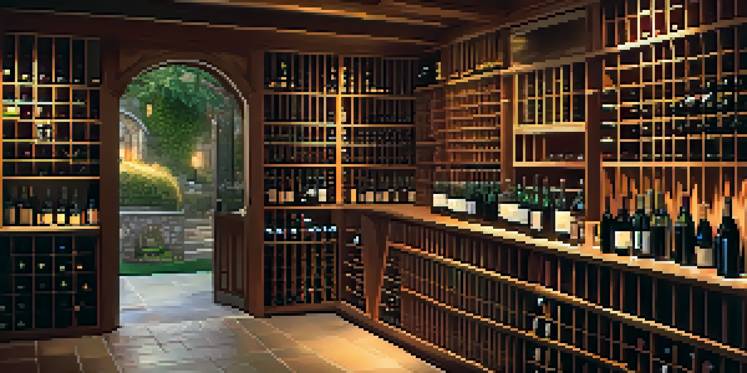 A cozy wine cellar with wooden shelves stocked with fine wine bottles, illuminated by soft lighting.