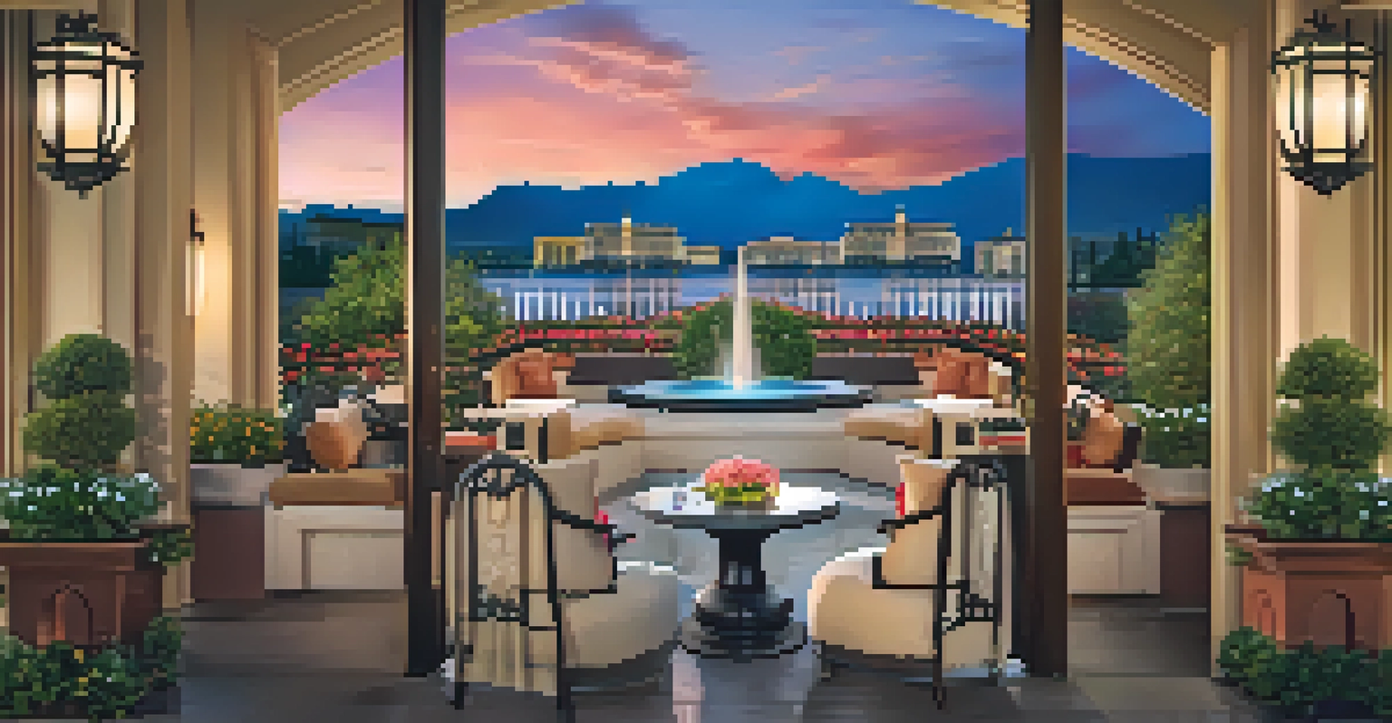 An outdoor terrace with seating and a view of the Bellagio Fountains at dusk.