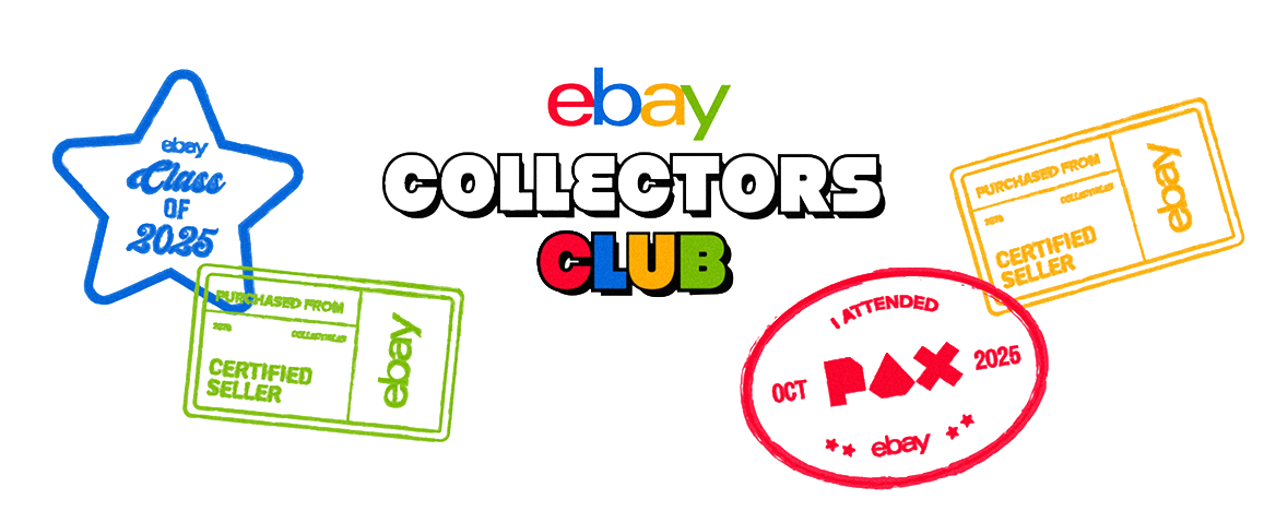 Sticker-style graphics for the eBay Collectors Club — a blue ‘Class of 2025’ star, a bold ‘Collectors Club’ wordmark, a red ‘PAX 2025’ stamp, and green and yellow ‘eBay VIP’ ticket stubs arranged on a white background