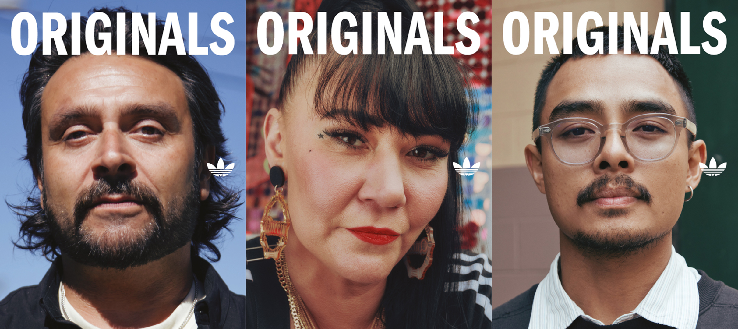 Three portraits of diverse individuals with "ORIGINALS" and an Adidas trefoil logo above each.