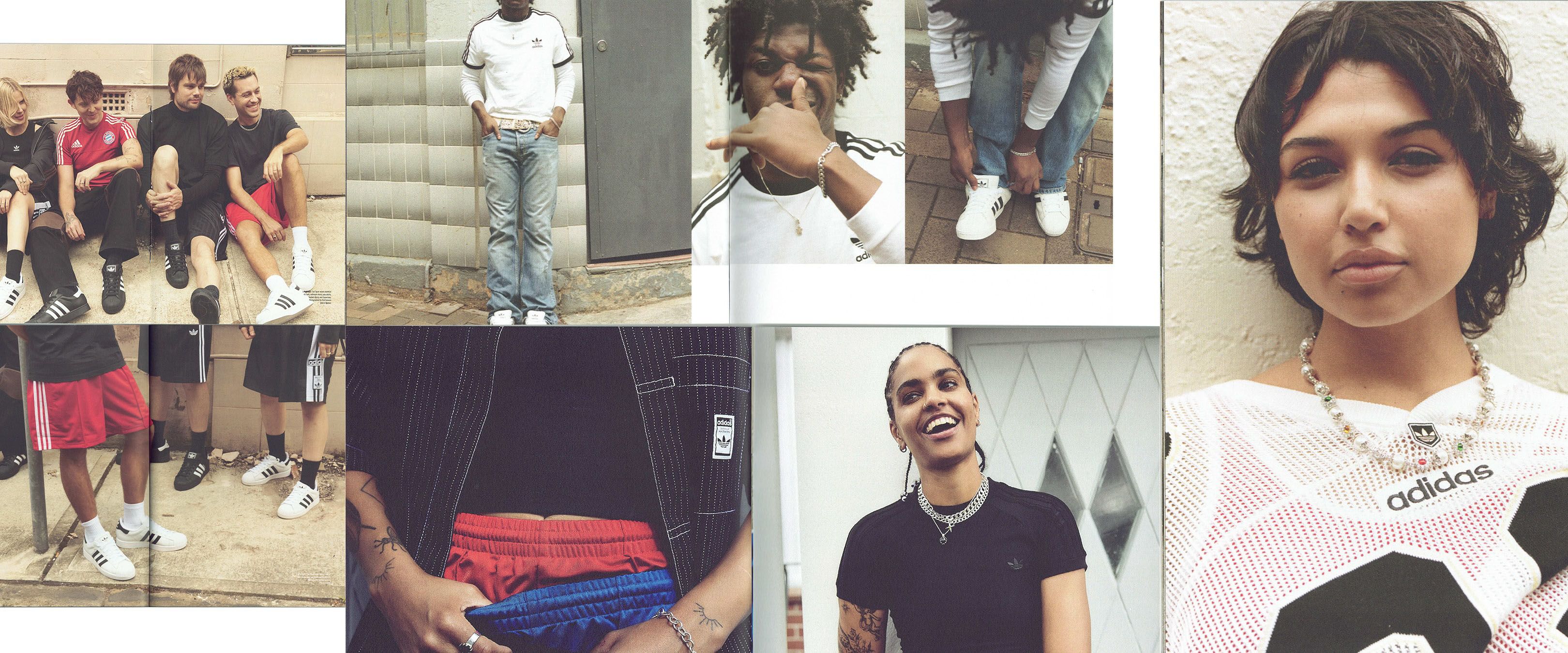 Photo-book collage of Laneway Festival attendees — a grid of candid portraits and fashion shots featuring adidas Originals apparel and Superstar sneakers