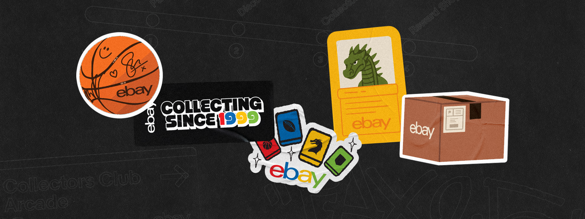 Collectors Club sticker artwork on a dark background — a basketball, a ‘Collecting Since 1995’ badge, the eBay logo, a plush dragon, a trading card and a cardboard parcel