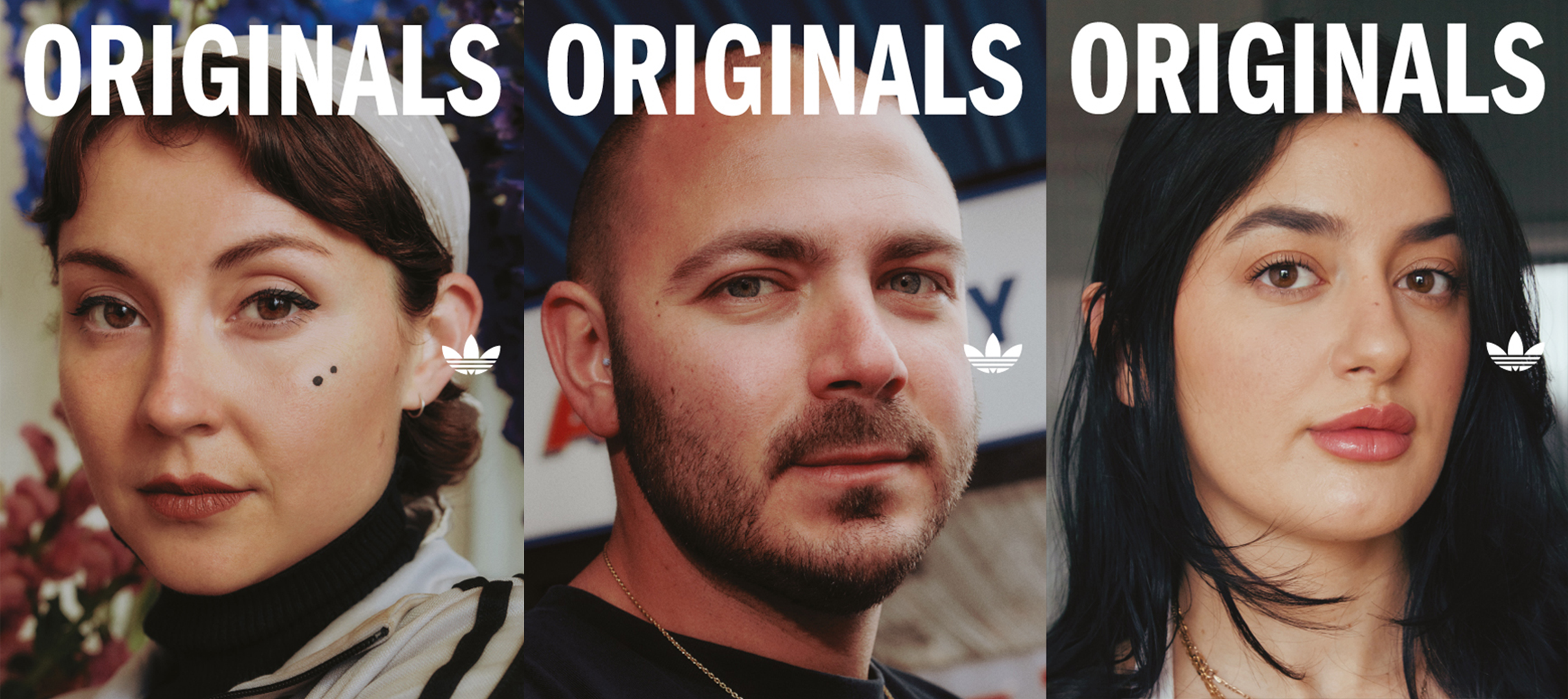 Three close-up portraits: a woman in a headscarf, a bearded man, and a woman with dark hair. Each has an Adidas Originals logo near their head, and "ORIGINALS" is repeated across the top.