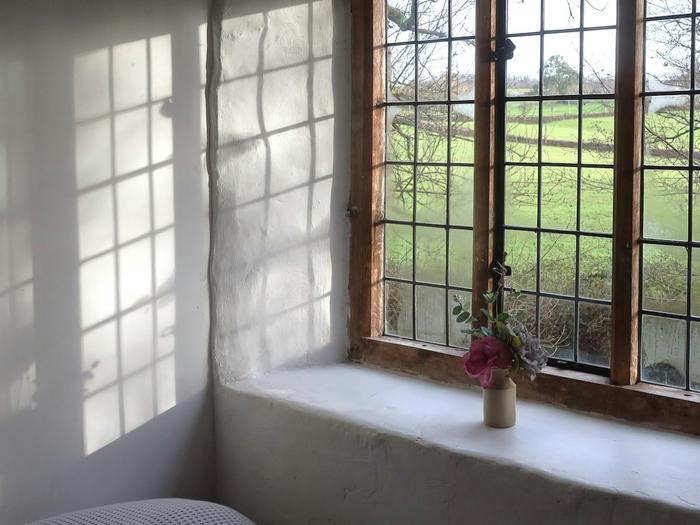 A deep plastered window board beneath a leaded timber window, with a small vase of flowers and the window's shadow falling across the white wall.