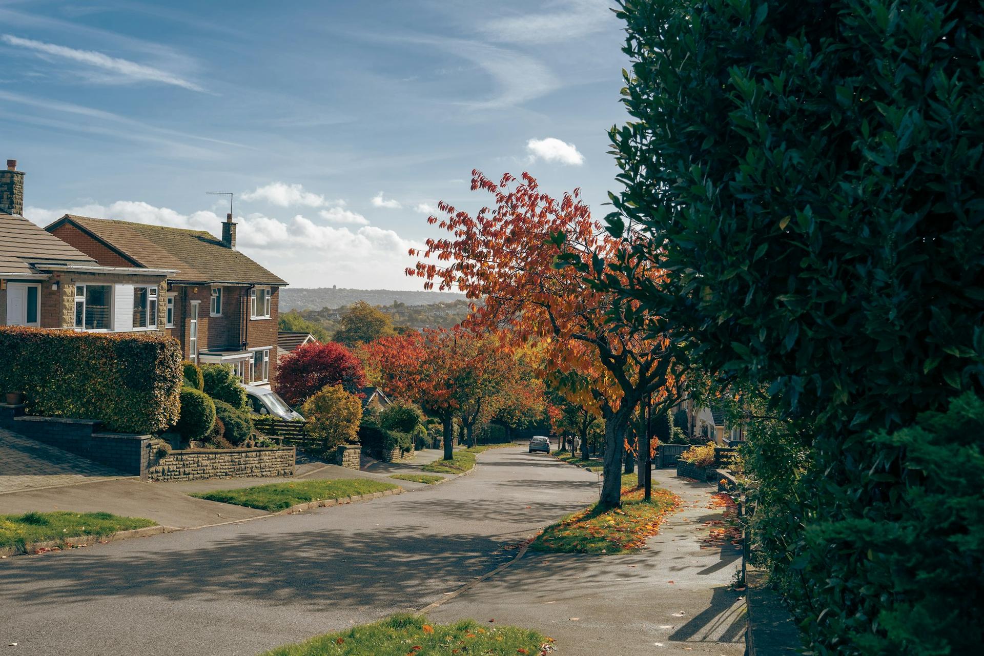 An English suburban residential street with brick houses, hedges and trees in autumn colours.