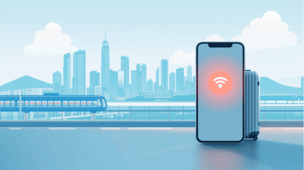 Canva cover for eSIM Tayyor article: eSIM в Гонконге для пересадки и короткой поездки. Smartphone, eSIM and travel elements.