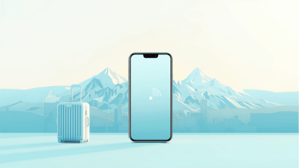 Canva cover for eSIM Tayyor article: eSIM в Алматы: интернет, такси, карты и горы. Smartphone, eSIM and travel elements.