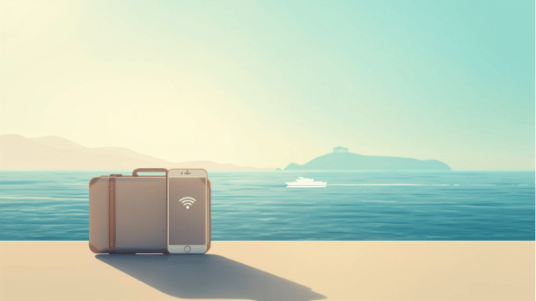 Canva cover for eSIM Tayyor article: Интернет в Греции: Афины и острова без роуминга. Smartphone, eSIM and travel elements.