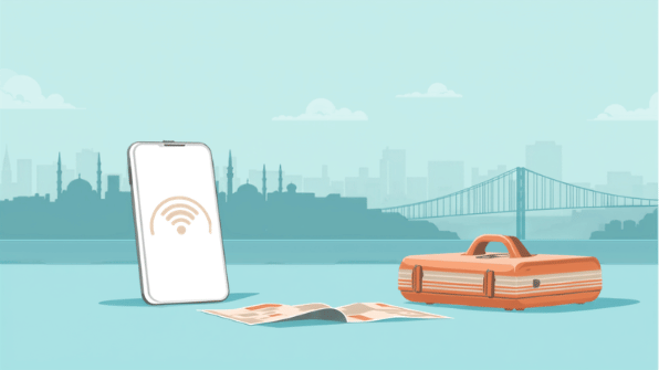 Canva cover for eSIM Tayyor article: Интернет в Стамбуле: метро, такси, карты и eSIM. Smartphone, eSIM and travel elements.