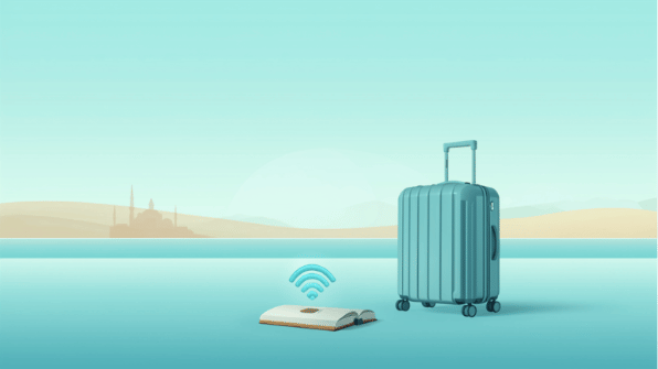 Canva cover for eSIM Tayyor article: eSIM в аэропорту Медины: как подключиться после прилёта. Smartphone, eSIM and travel elements.