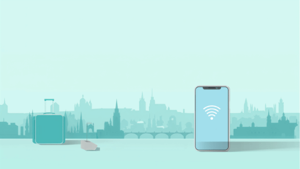 Canva cover for eSIM Tayyor article: eSIM в Чехии: Прага для туристов из Узбекистана. Smartphone, eSIM and travel elements.