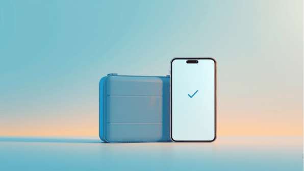 Canva cover for eSIM Tayyor article: Как проверить eSIM до вылета и не потратить пакет раньше времени. Smartphone, eSIM and travel elements.