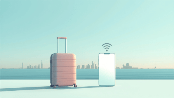 Canva cover for eSIM Tayyor article: eSIM в Катаре для туристов из Узбекистана. Smartphone, eSIM and travel elements.