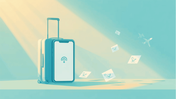 Canva cover for eSIM Tayyor article: Не работает интернет за границей после посадки: быстрый чеклист. Smartphone, eSIM and travel elements.