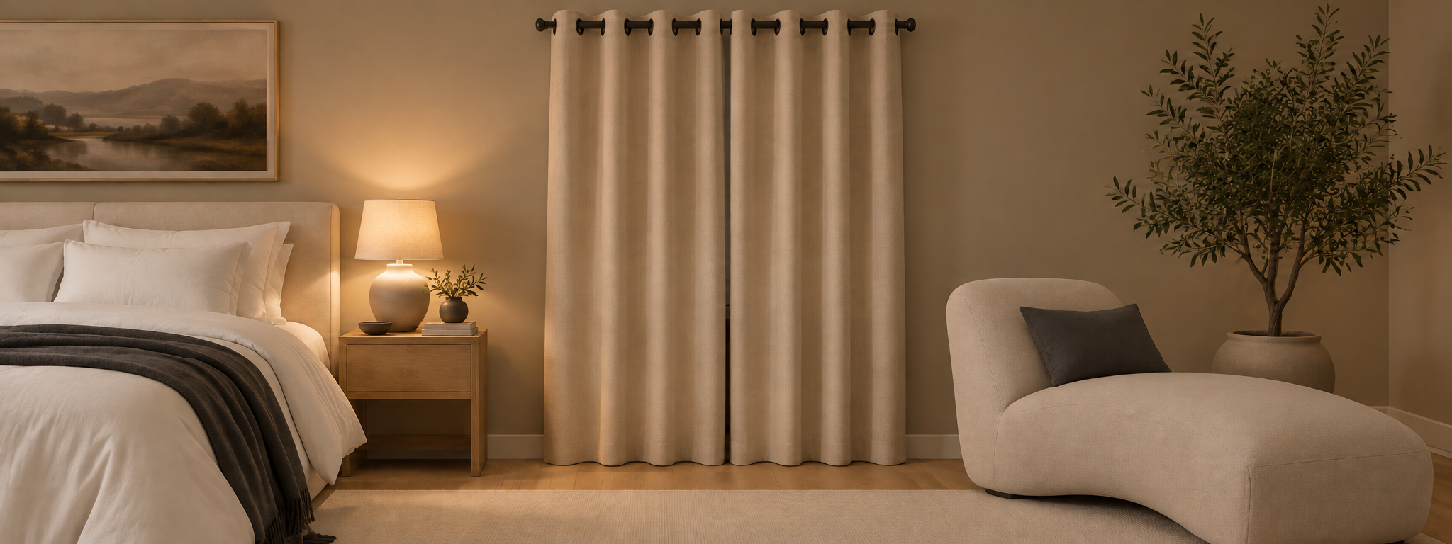 Blackout Curtains in a modern bedroom blocking the light.