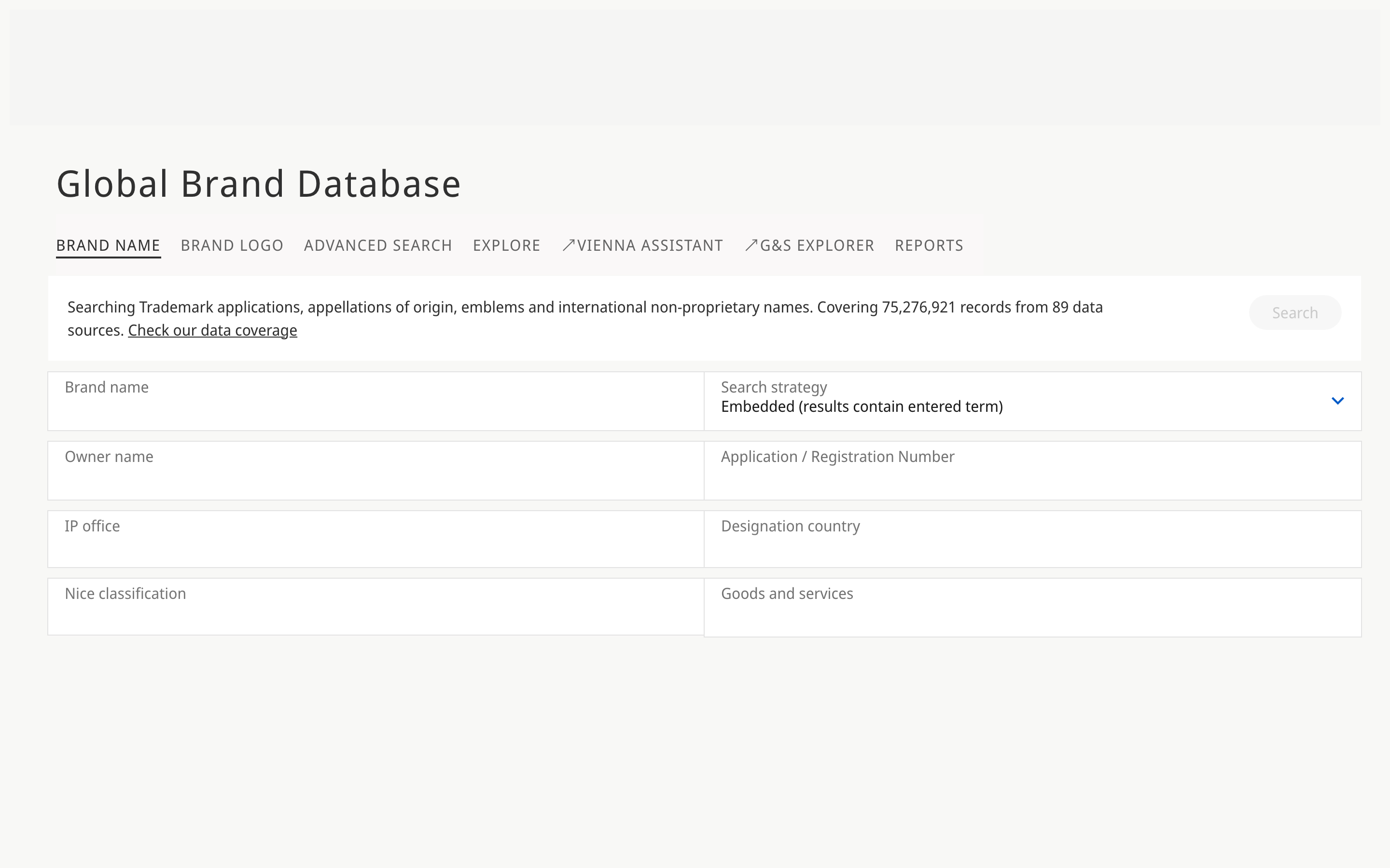 WIPO Global Brand Database free trademark search covering 75M+ records across 89 data sources