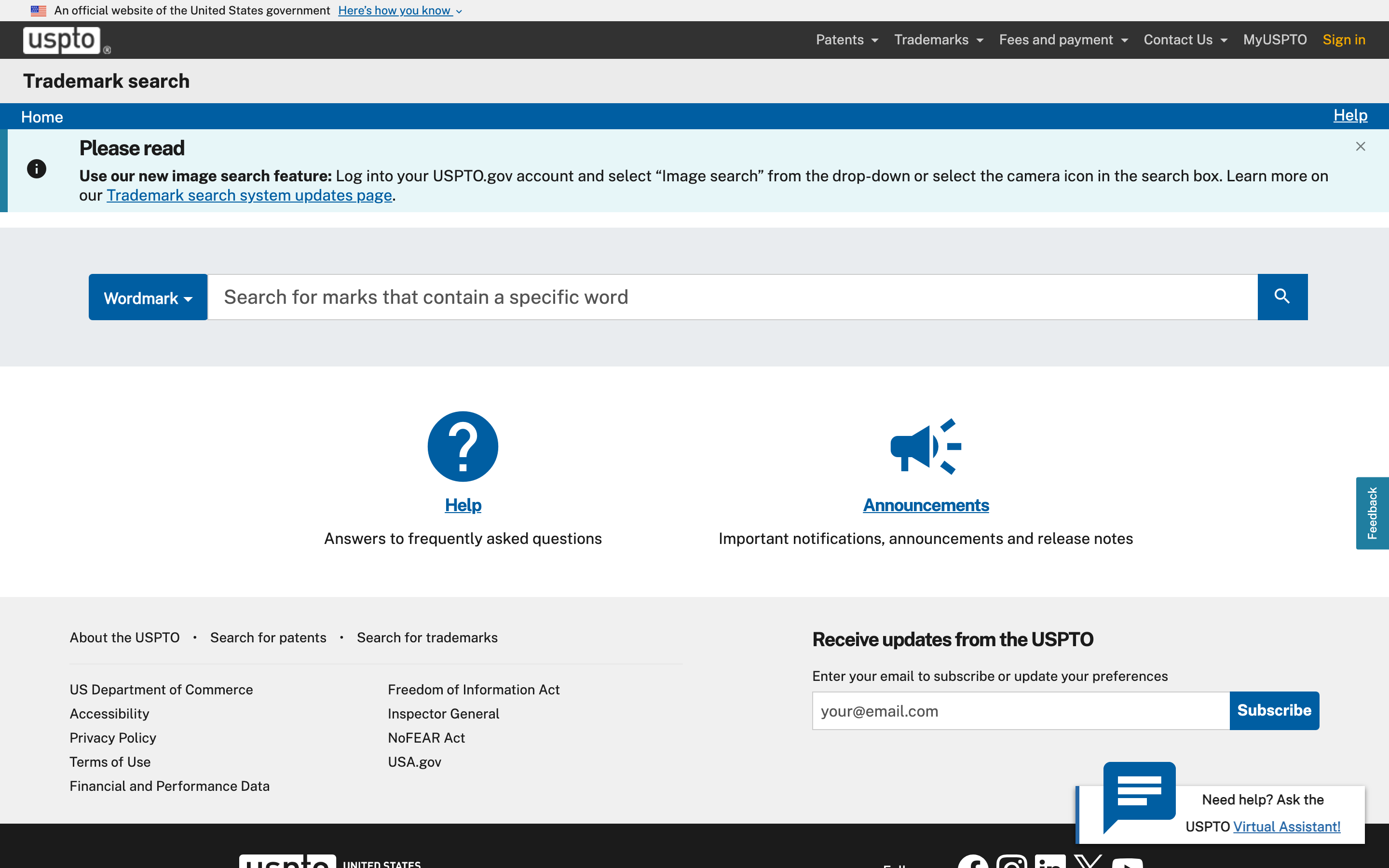 The USPTO's Trademark Search interface at tmsearch.uspto.gov, which replaced the retired TESS system in 2023