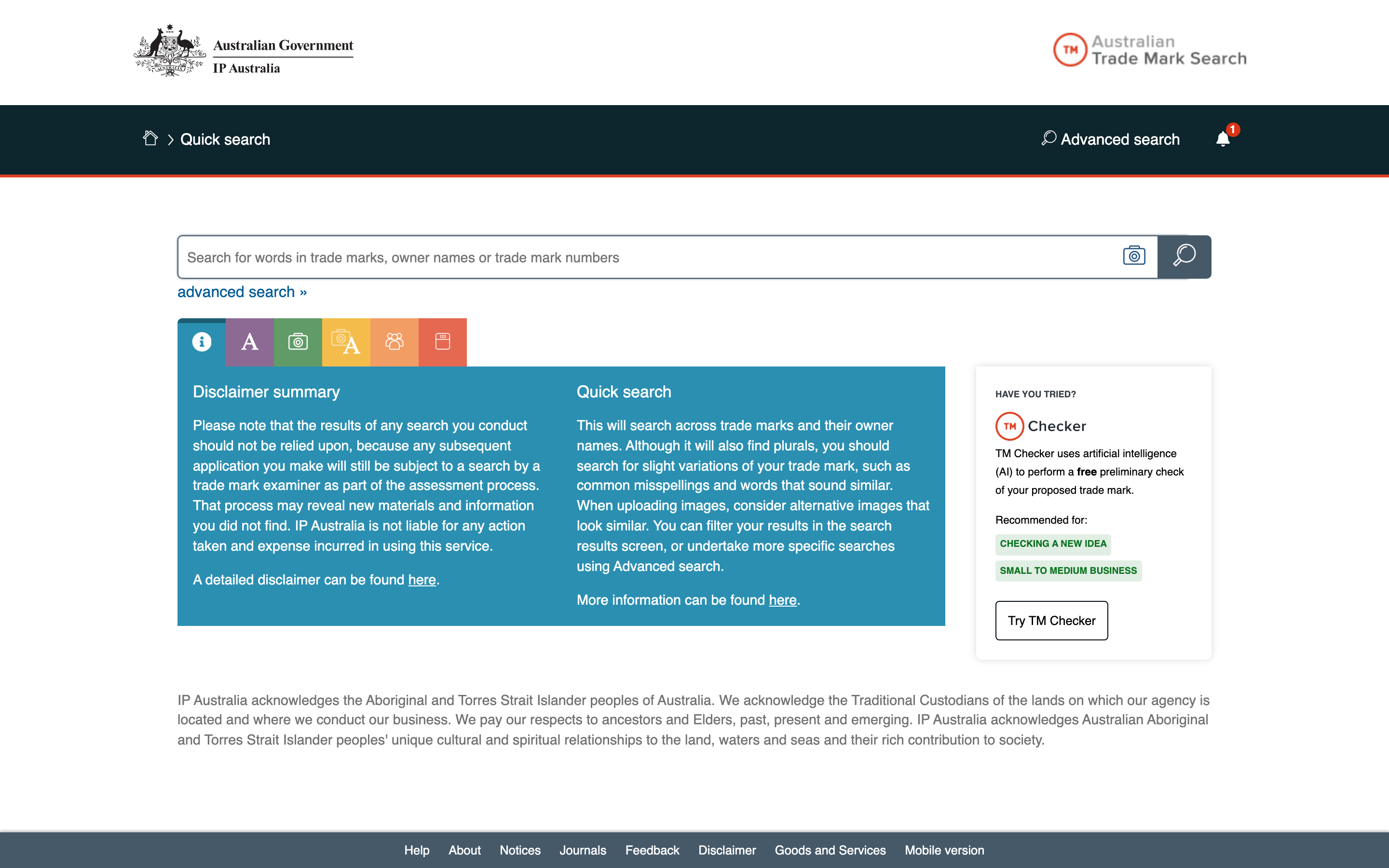IP Australia's Australian Trade Mark Search quick search page, showing the single search bar for trade mark words, owner names and numbers, with the link to advanced search below it