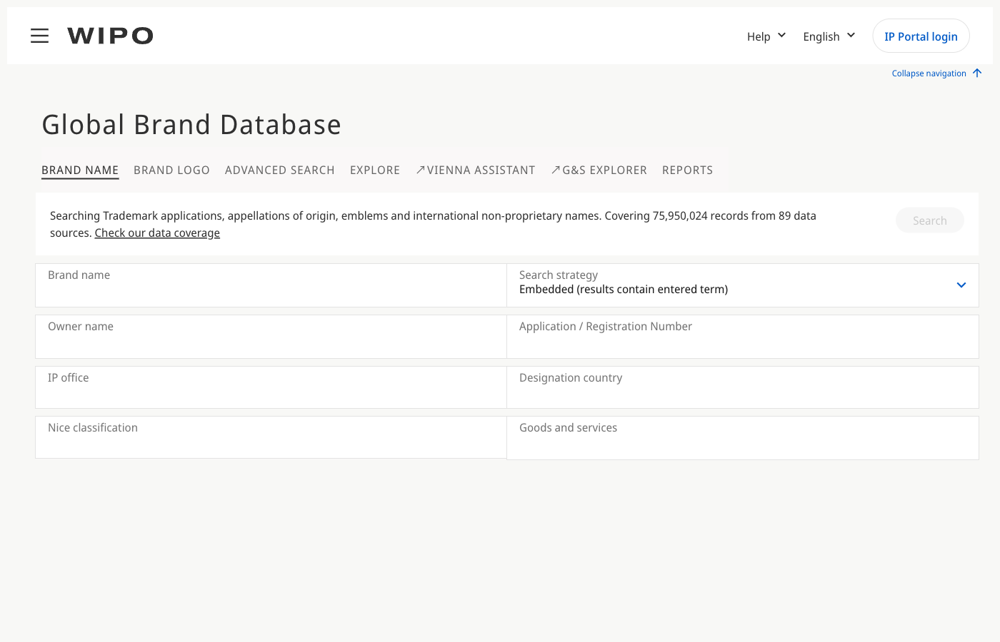 The WIPO Global Brand Database search interface at branddb.wipo.int, showing fields for brand name, search strategy, owner name, IP office, designation country, Nice classification, and goods and services.