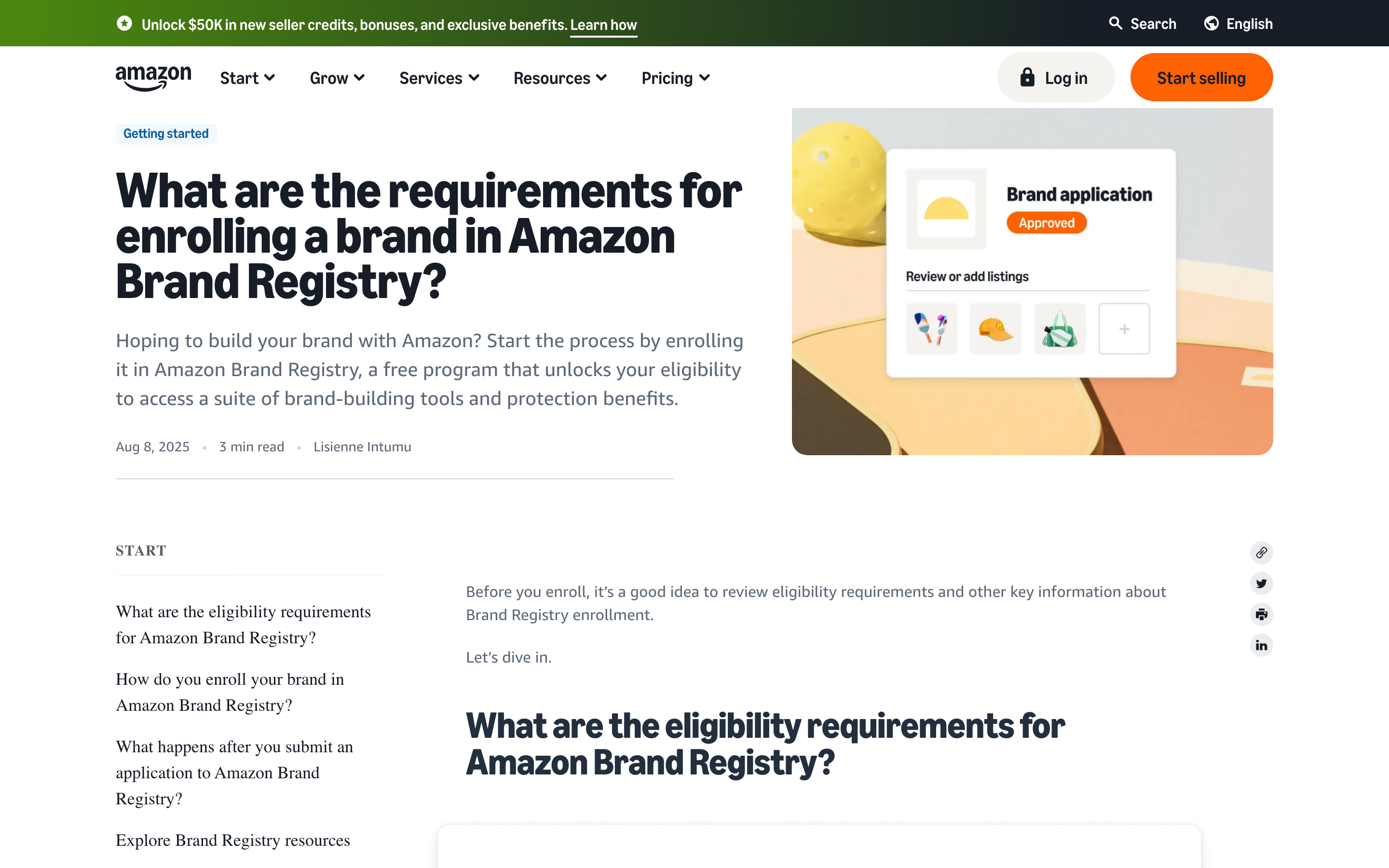 Amazon's official Brand Registry eligibility requirements page, which lists the trademark offices and mark types Amazon accepts