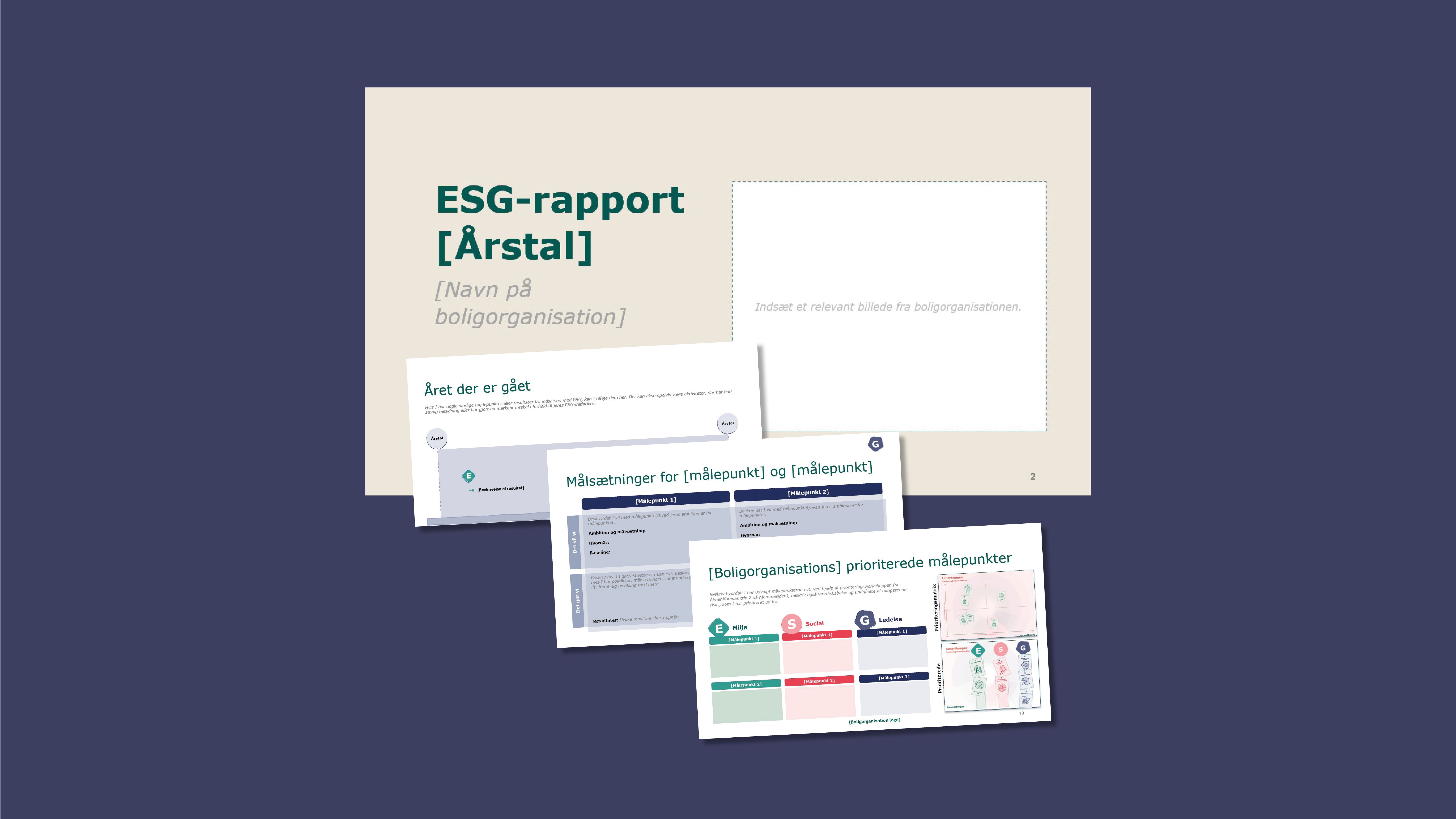 Forside og tre eksempler på indholdssider i ESG-rapport
