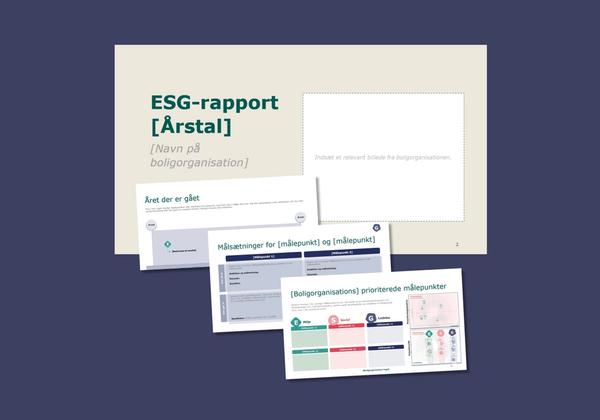 Forside og tre eksempler på indholdssider i ESG-rapport