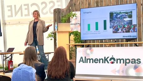 Kvinde på en scene holder oplæg og peger mod skærm med grafer. I forgrunden tilhørere.