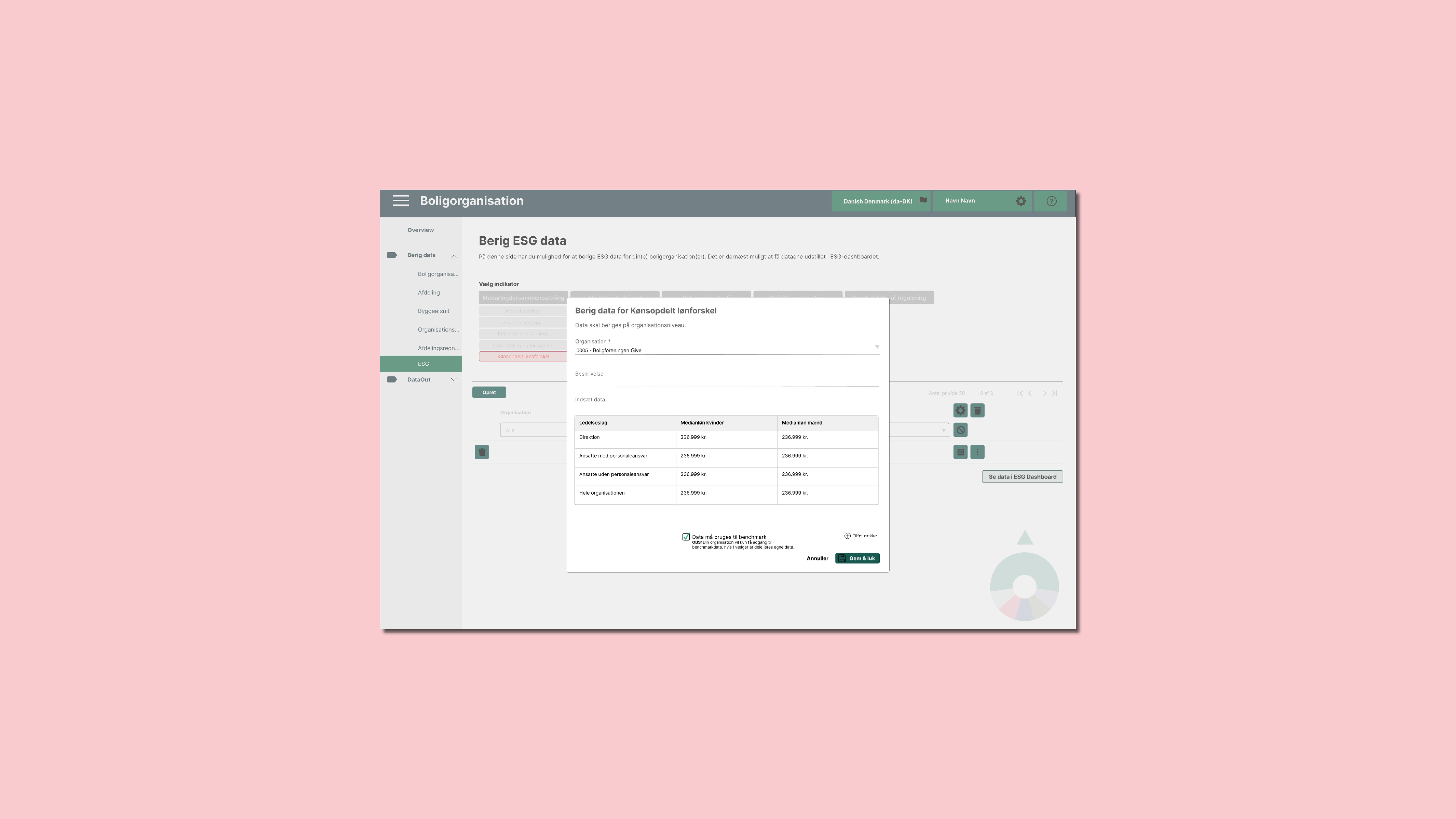 Skærmbillede af modul til at taste egne data ind i ESG-dashboardet 