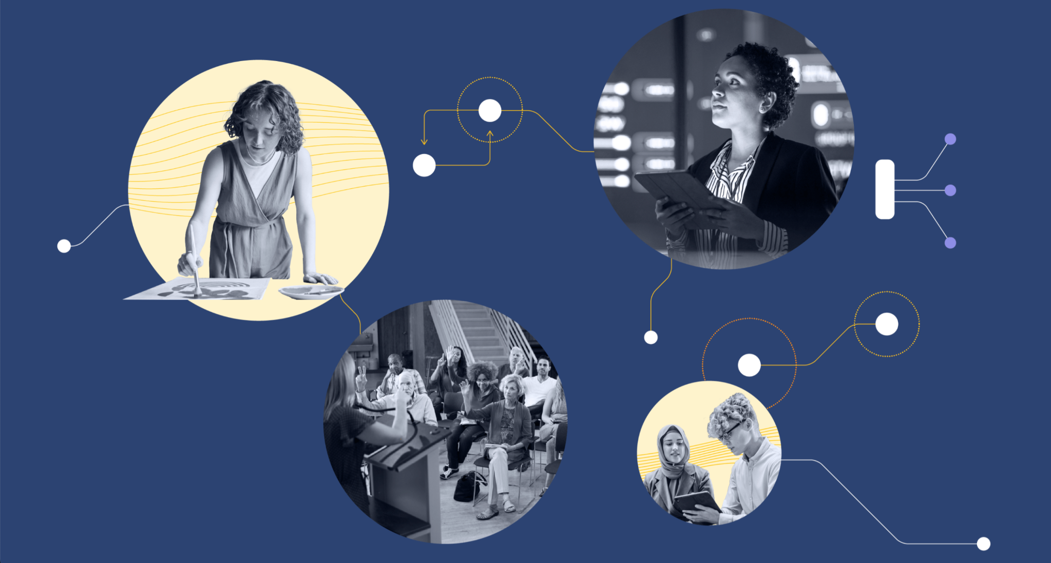 Four circular images on a blue background show a painter, a woman holding a tablet in a tech setting, a diverse group in a discussion, and two people collaborating on a tablet. Lines and nodes connect the images, suggesting networks or data flow.