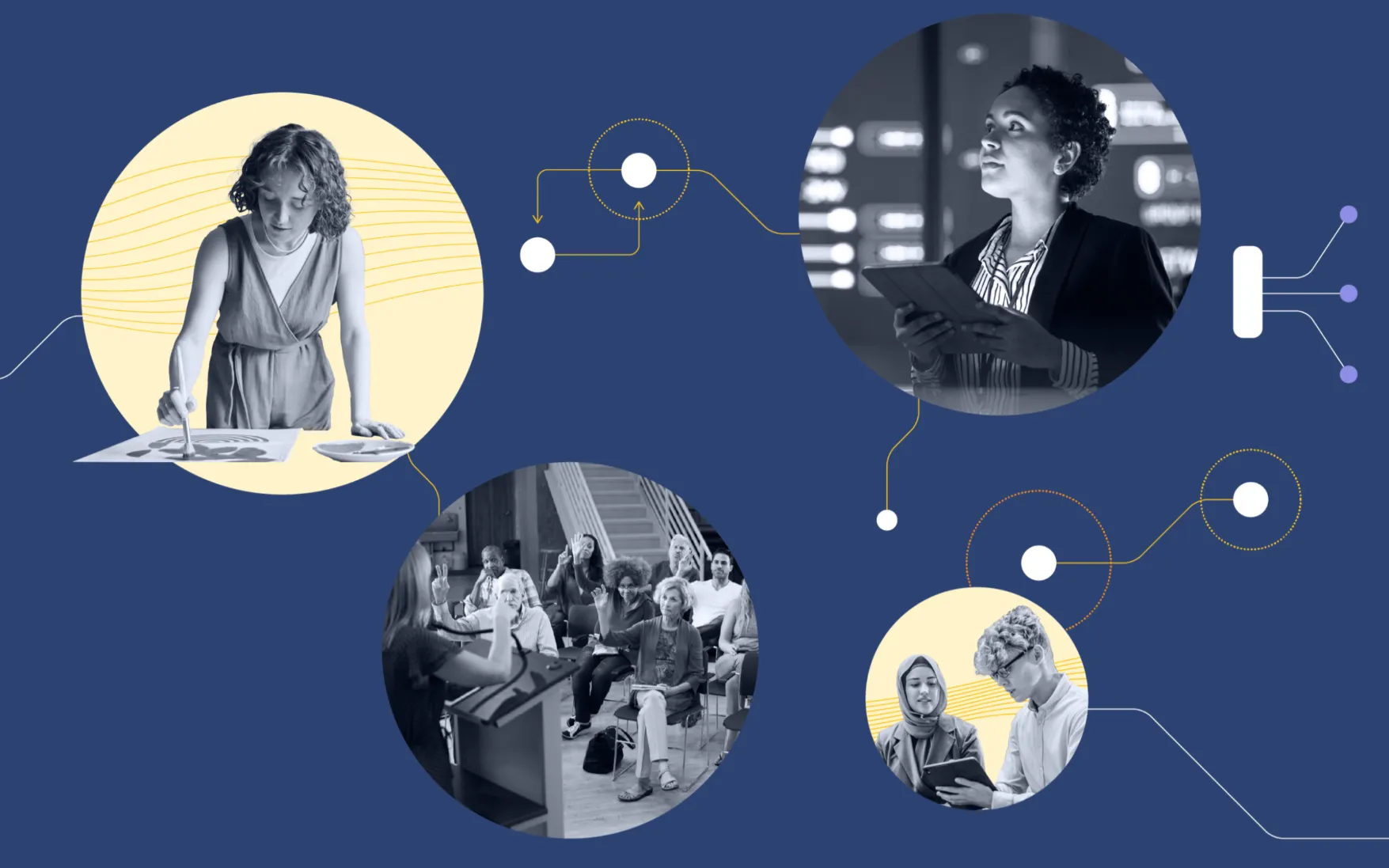 Four circular images on a blue background show a painter, a woman holding a tablet in a tech setting, a diverse group in a discussion, and two people collaborating on a tablet. Lines and nodes connect the images, suggesting networks or data flow.