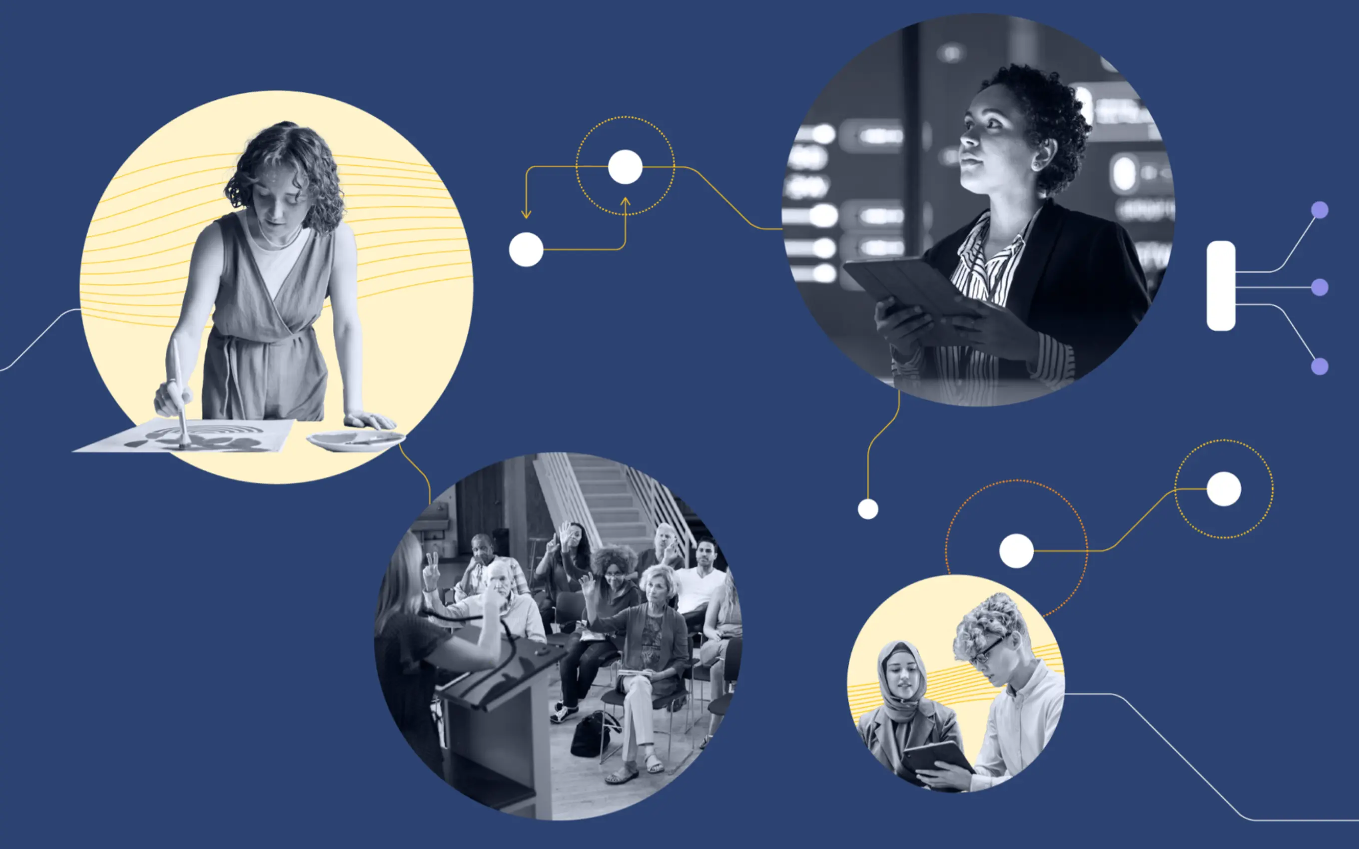 Four circular images on a blue background show a painter, a woman holding a tablet in a tech setting, a diverse group in a discussion, and two people collaborating on a tablet. Lines and nodes connect the images, suggesting networks or data flow.
