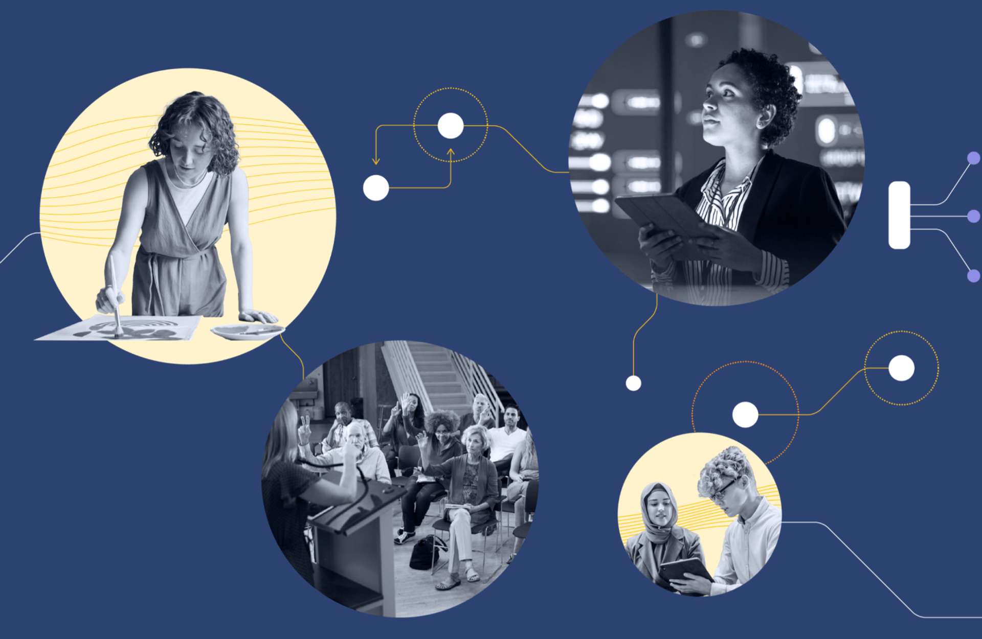 Four circular images on a blue background show a painter, a woman holding a tablet in a tech setting, a diverse group in a discussion, and two people collaborating on a tablet. Lines and nodes connect the images, suggesting networks or data flow.