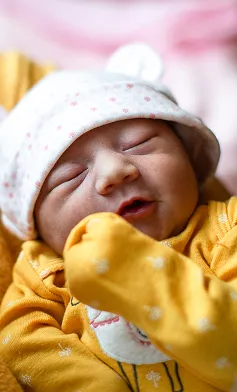 Close-up of a newborn baby in a yellow outfit and bear hat being held gently by an adult in a cozy indoor setting.
