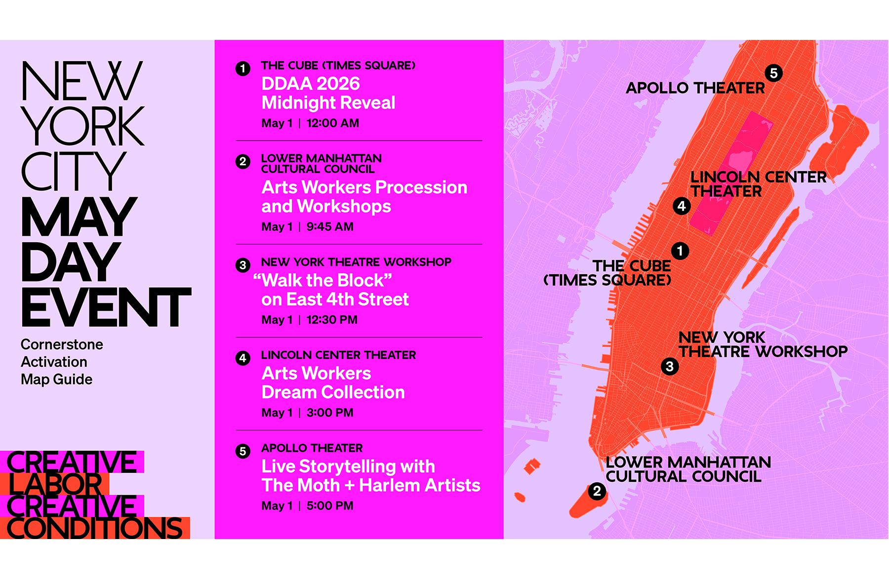 Map guide for a New York City May Day event showing five numbered activation sites across Manhattan, with event names and times listed beside the city map.