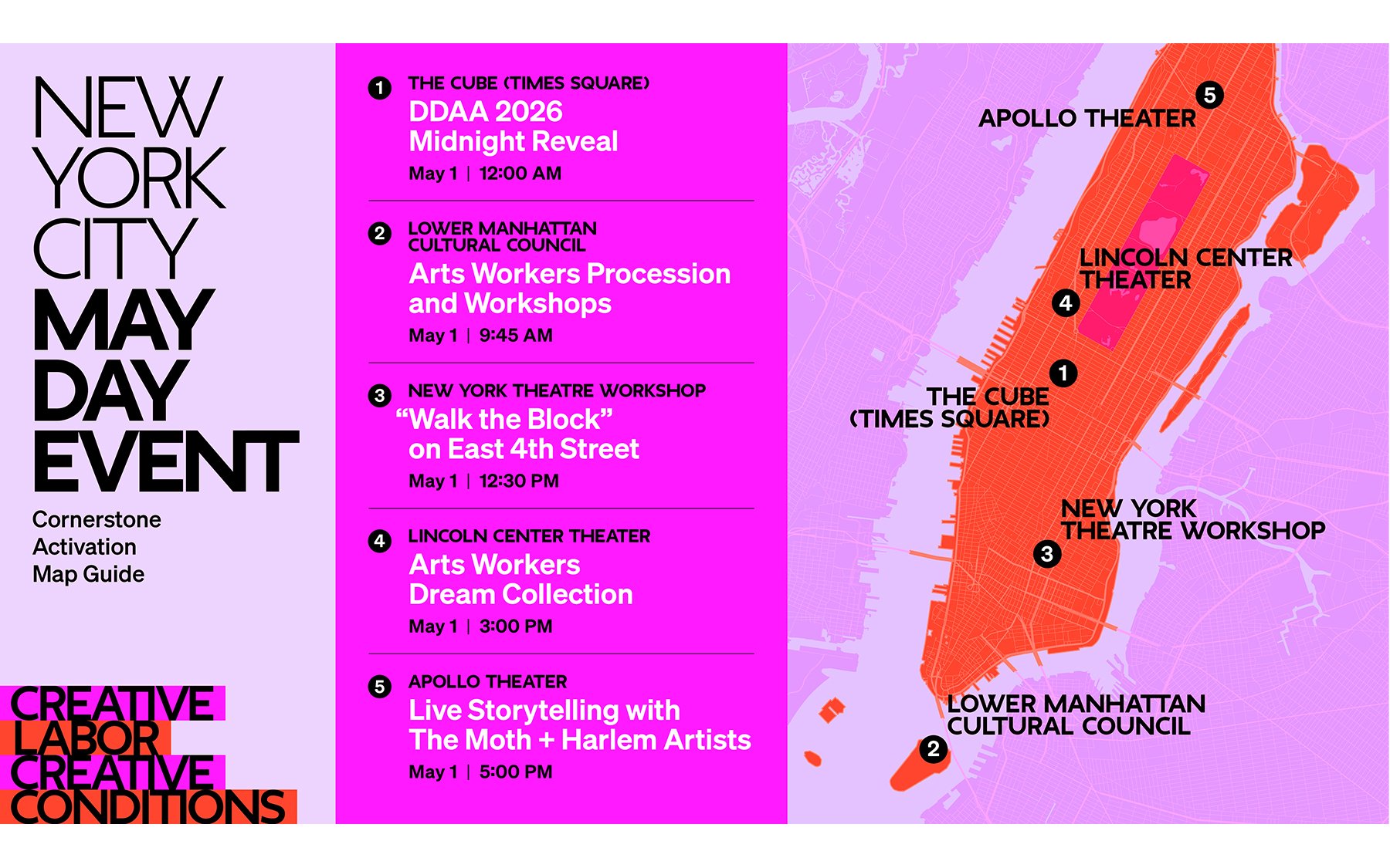Map guide for a New York City May Day event showing five numbered activation sites across Manhattan, with event names and times listed beside the city map.