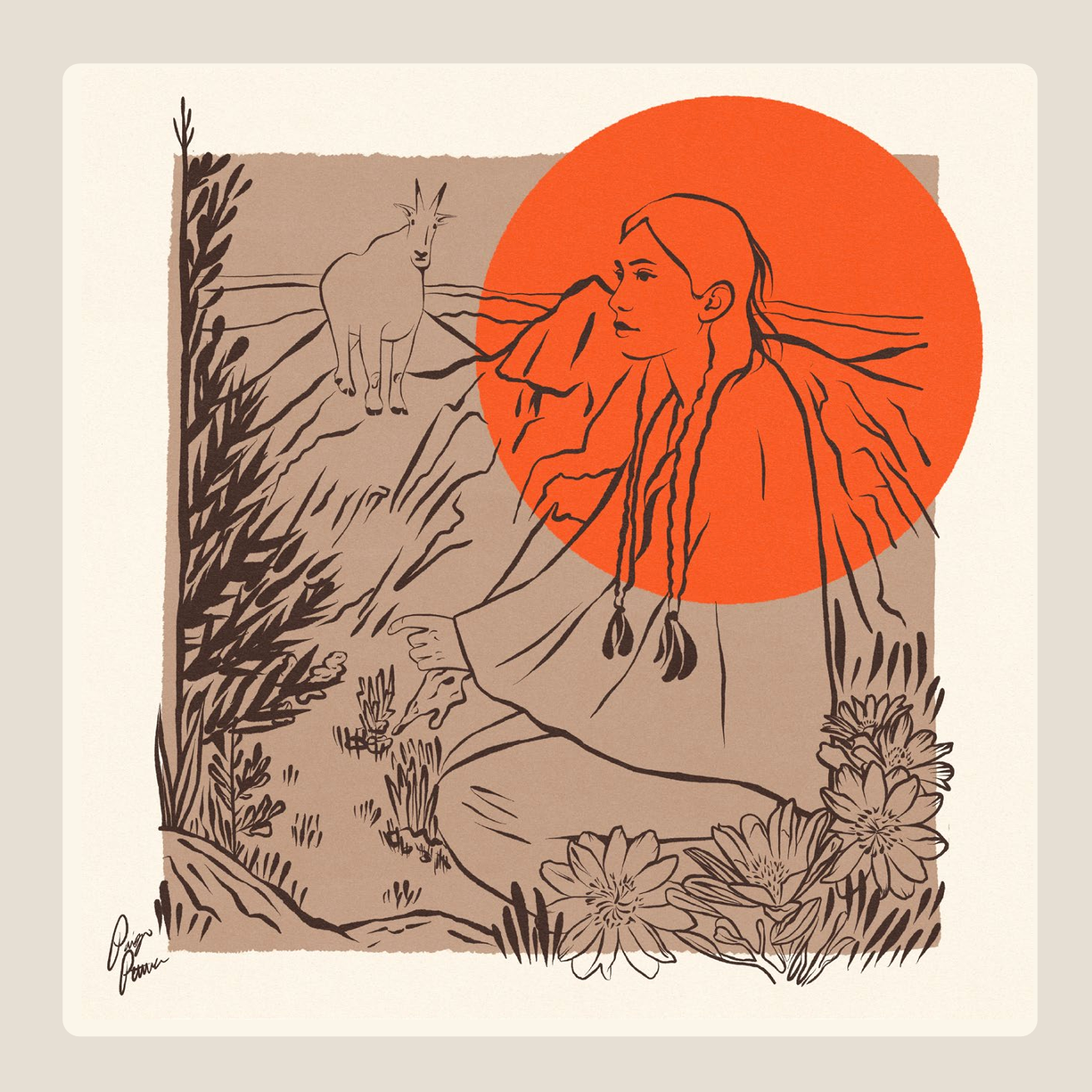 Illustrated artwork of an Indigenous person next to an animal, surrounded by natural elements, with an orange sun behind them.